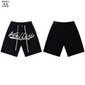 VALEFOREVER Black Denim Shorts Graffiti Rhinestone Script Logo