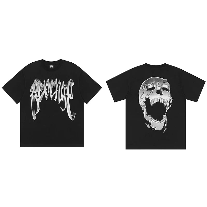 Revenge Silver 3D Chrome Screaming Skull Graphic T‑Shirt