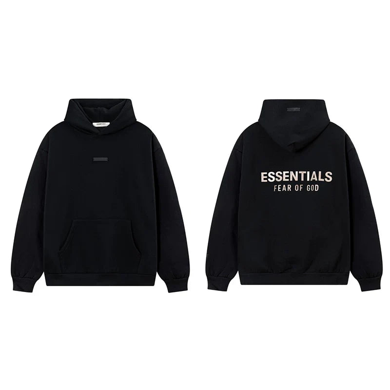 Fog Essentials Solid Black Fleece‑Lined Oversized Pullover Hoodie White Chest Logo