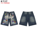 VALEFOREVER Vintage Blue Denim Shorts with Multi Patch Logo & Rhinestone Print