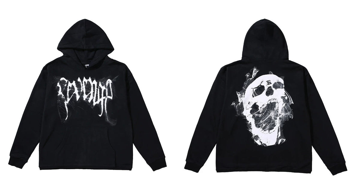 Revenge White Distorted Gothic Script Smoke Skull Hoodie