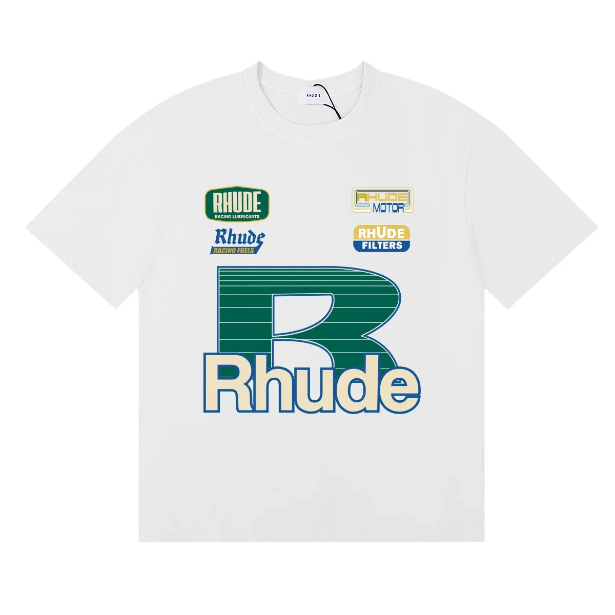 Rhude Racing Badge Big R Logo White Short Sleeve T‑Shirt