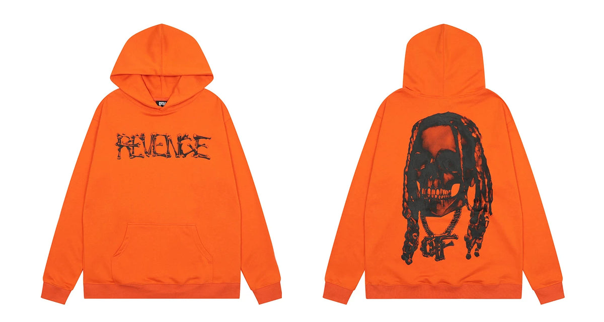 Revenge Distressed Font Dreadlock Skull Chain Hoodie