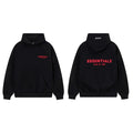 Fog Essentials Black Fleece‑Lined Oversized Pullover Hoodie Bright Red Chest Logo Print