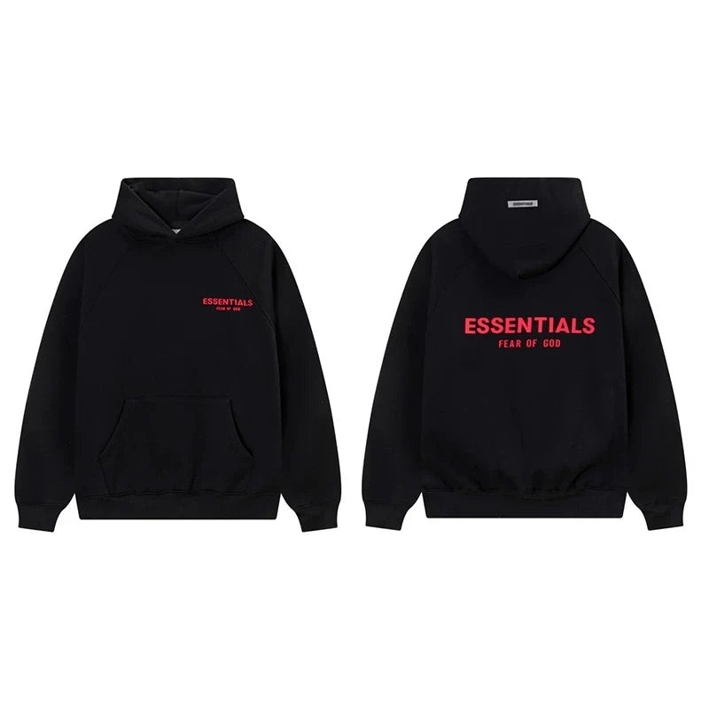 Fog Essentials Black Fleece‑Lined Oversized Pullover Hoodie Bright Red Chest Logo Print