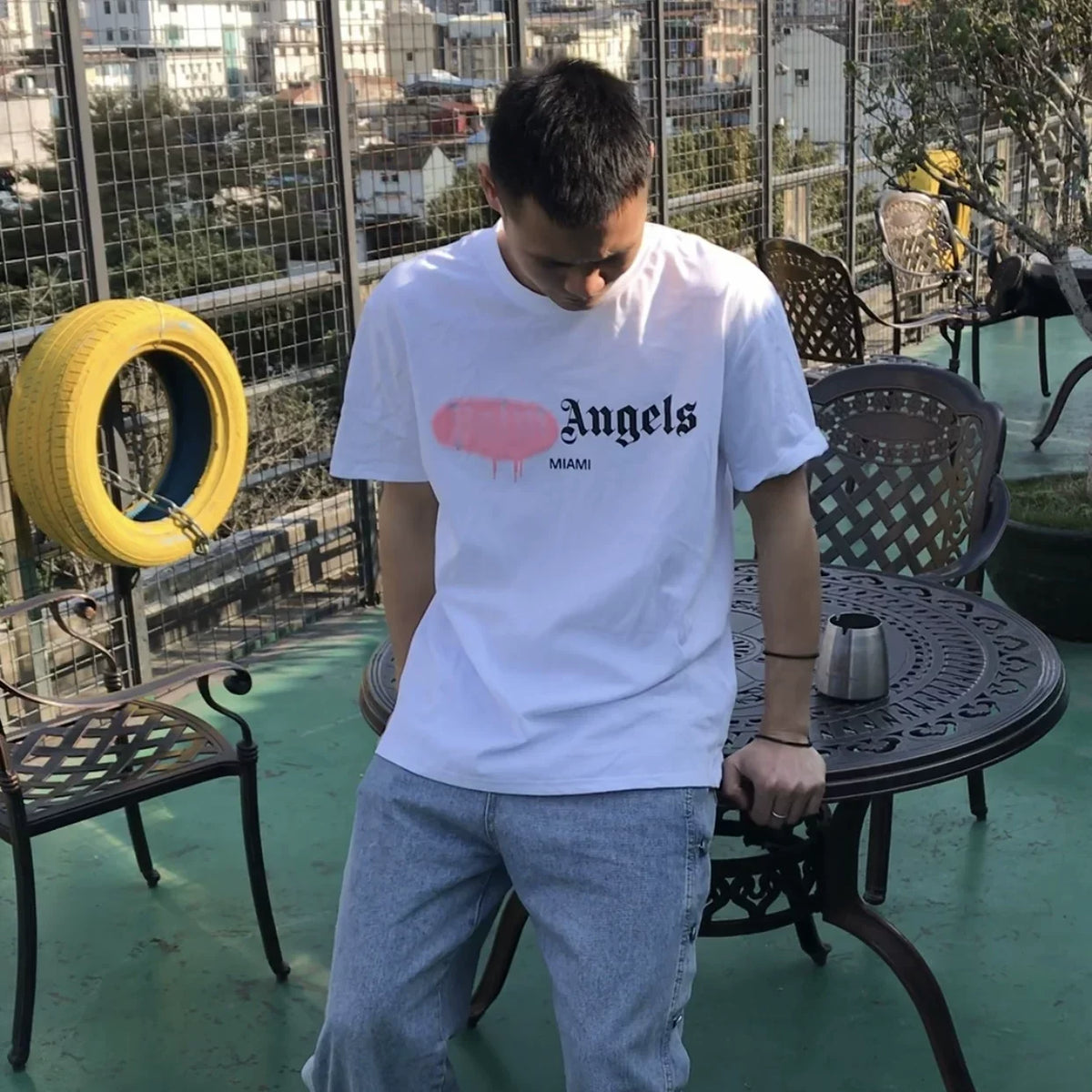 Palm Angels Light Blue Pink Drip Logo Tee