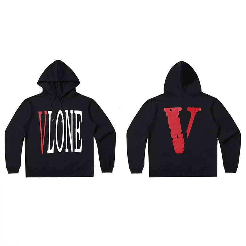 VLONE Red Distressed Big V Hoodie Black