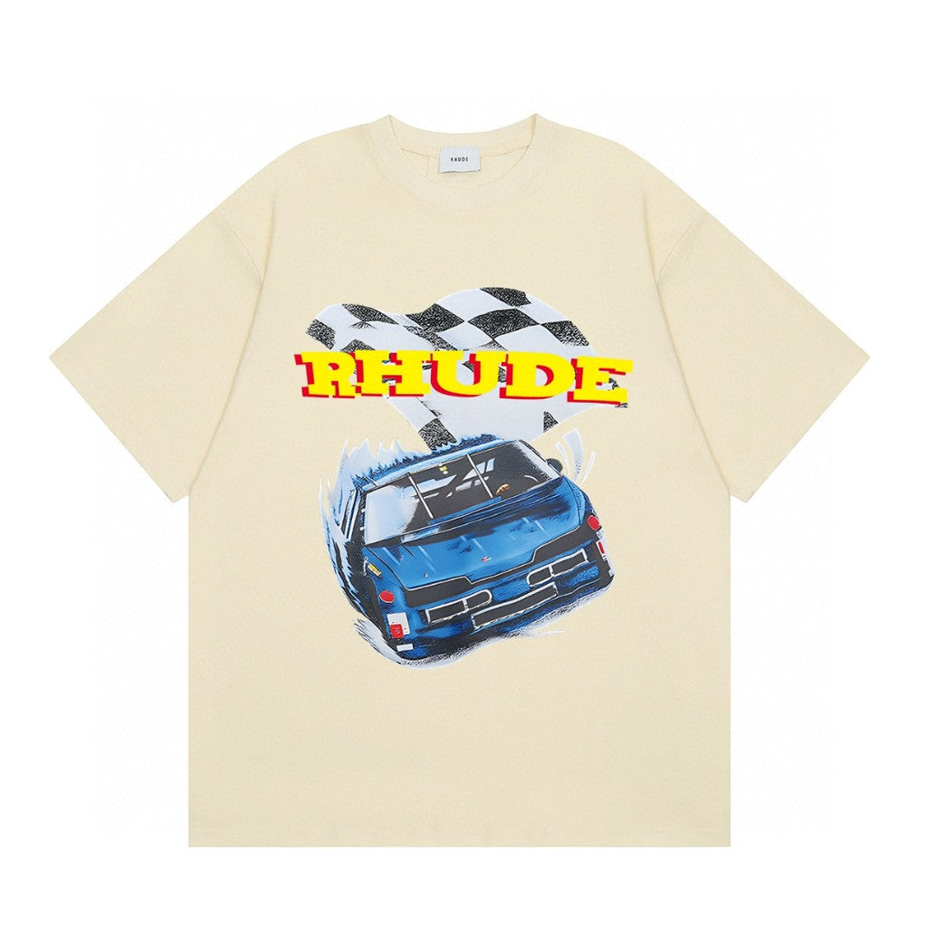 Rhude Racing Car Checkered Flag Graphic Short Sleeve T-Shirt