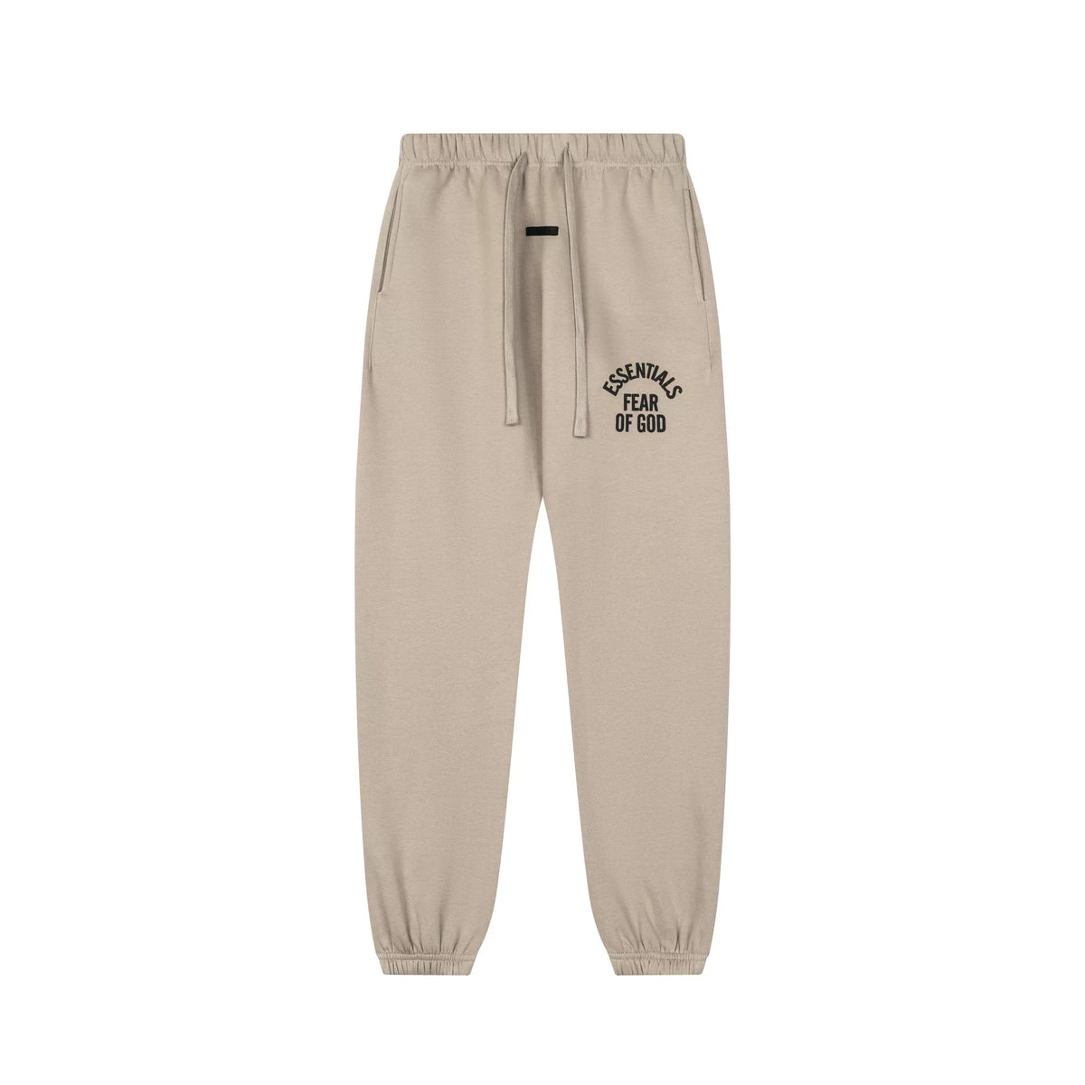 Fog Essentials Beige Tapered Jogger Sweatpants Drawstring Waist Small Side Logo Street Trousers