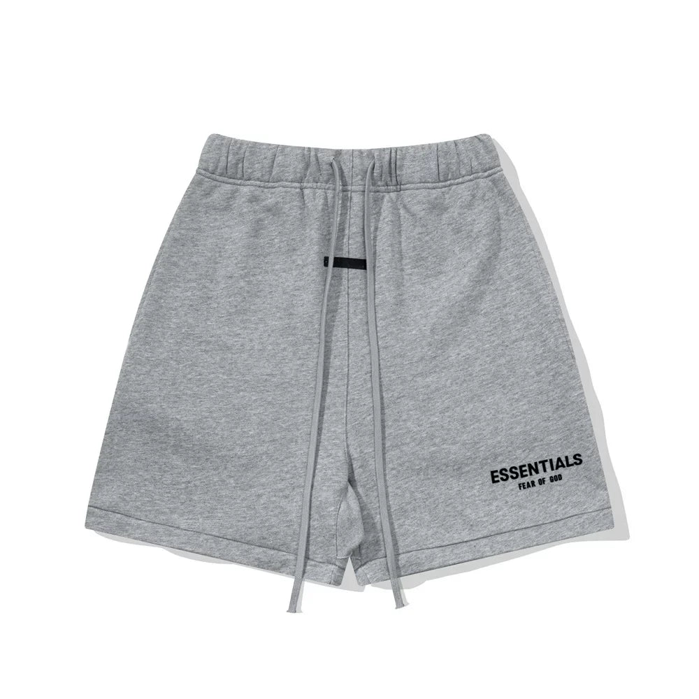 Fog Essentials Heather Grey Elastic Drawstring Black Logo Print Hip‑Hop Casual Street Shorts