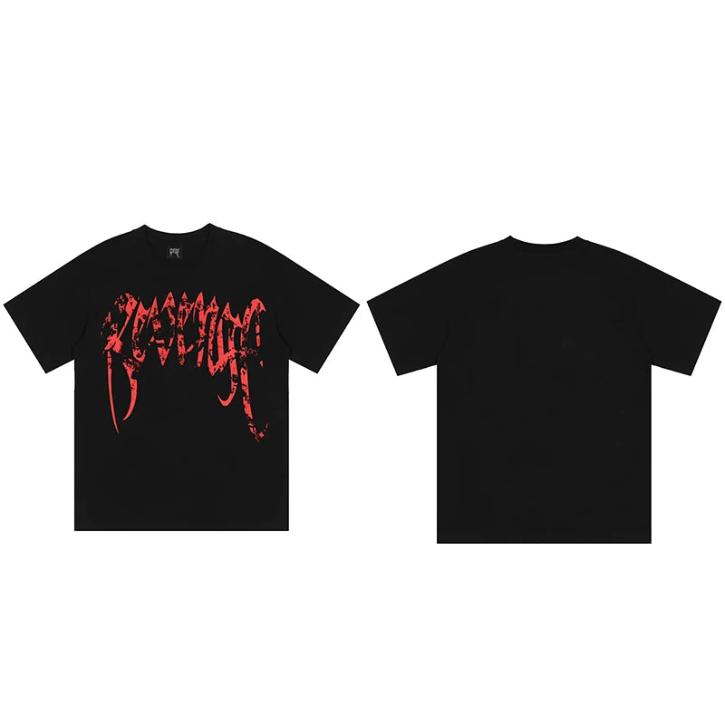 Revenge Red Distressed Gothic Script Graphic T‑Shirt