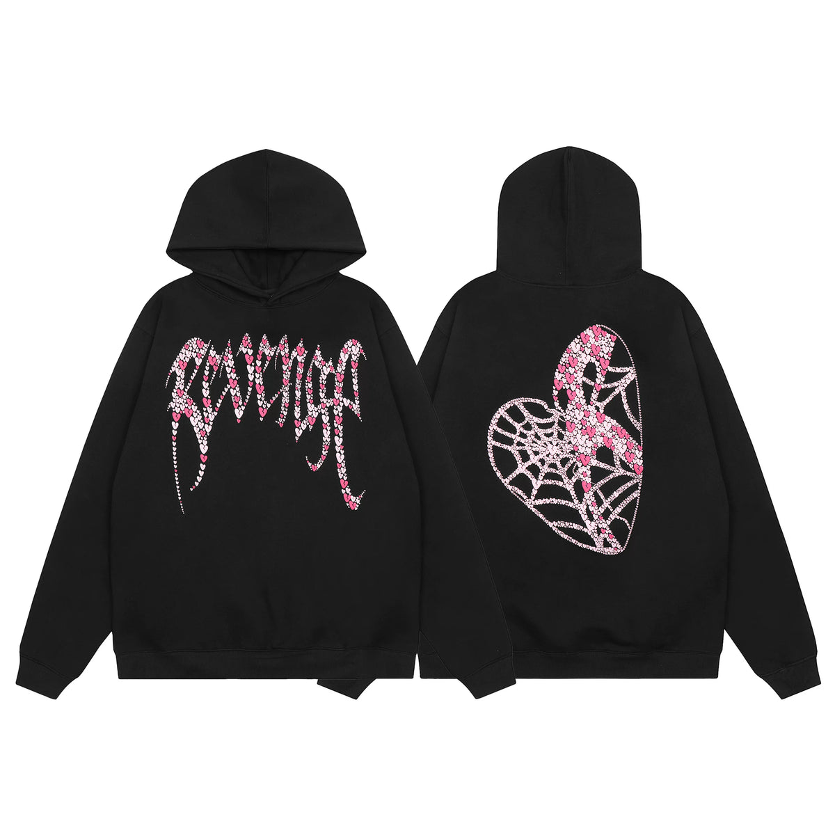 Revenge Pink Heart Rhinestone Spider Web Graphic Hoodie