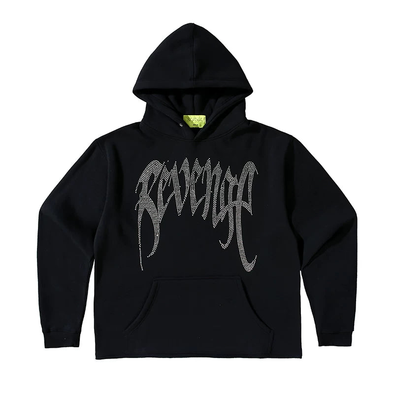 Revenge Rhinestone Gothic Script Logo Pullover Hoodie