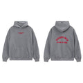 Fog Essentials Heather Grey Fleece‑Lined Oversized Pullover Hoodie Arch Red Print Logo