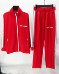 Palm Angels Bright Red Track Suit 2 Piece Set Zip Jacket + Sweatpants Unisex Hip Hop Streetwear