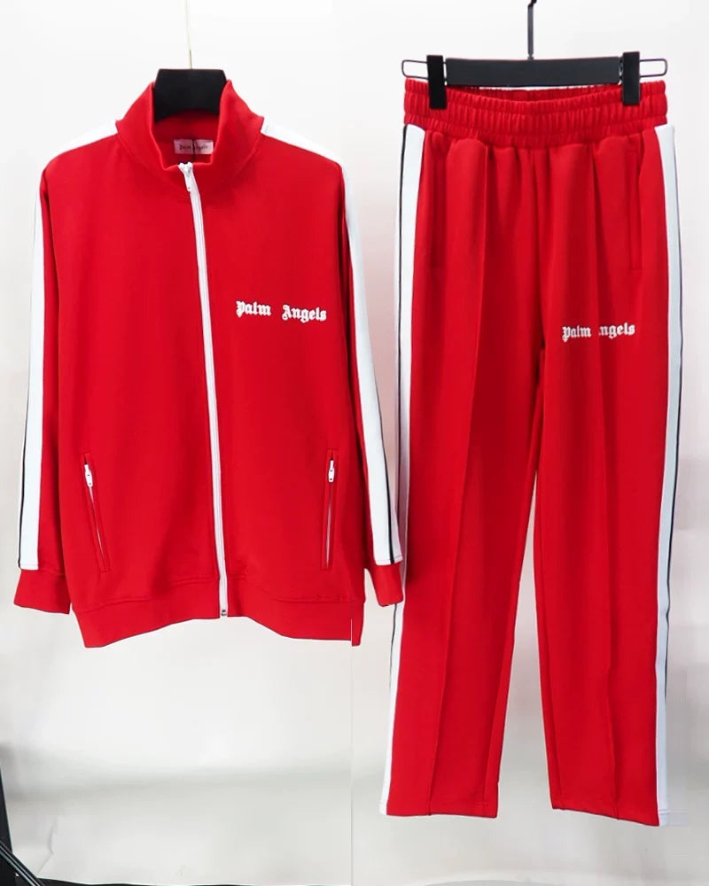 Palm Angels Bright Red Track Suit 2 Piece Set Zip Jacket + Sweatpants Unisex Hip Hop Streetwear