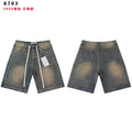 VALEFOREVER Vintage Brown Washed Denim Shorts Full Rhinestone Studded
