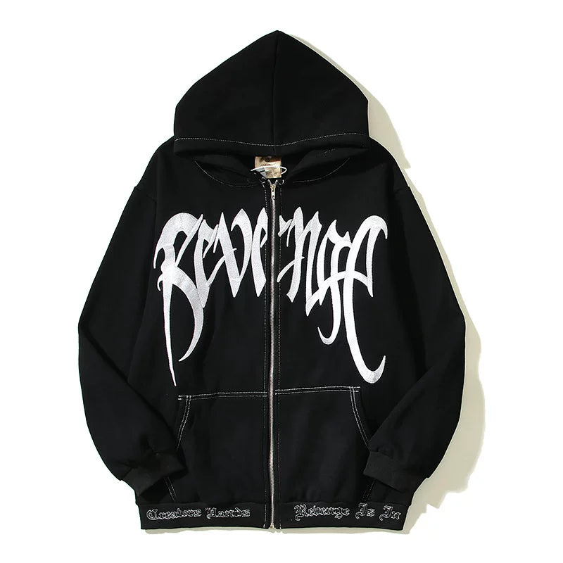 Revenge White Big Logo Contrast‑Stitch Zip Up Hoodie