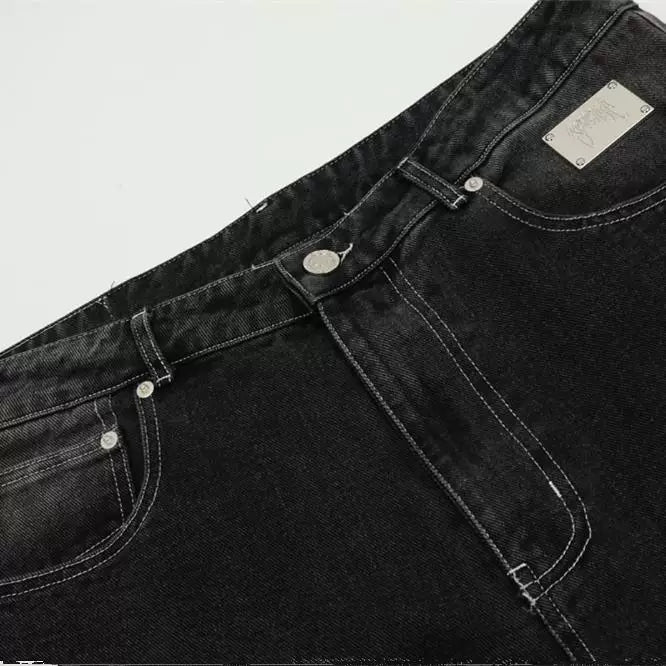 Revenge Stacked Skull Embroidered Wide‑Leg Black Washed Jeans