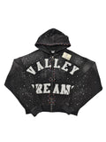 Valley Dreams Rhinestone Zip‑Up Hoodie, Unisex Black Washed Streetwear Jacket