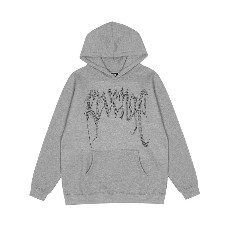 Revenge Black Rhinestone Gothic Script Logo Pullover Hoodi