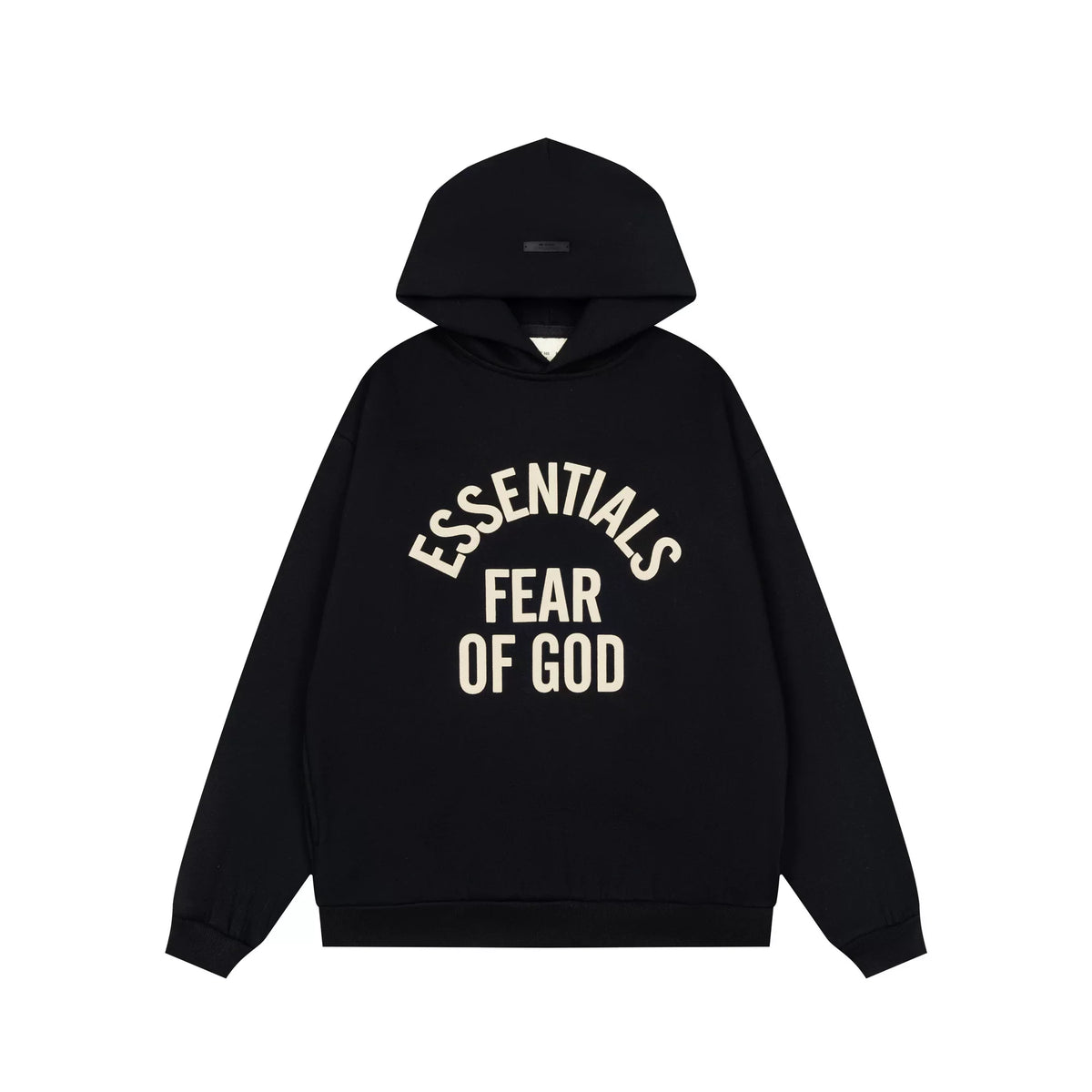 Fog Essentials Black Oversized Hoodie Contrast Cream‑Color Arch‑Logo Pullover Top