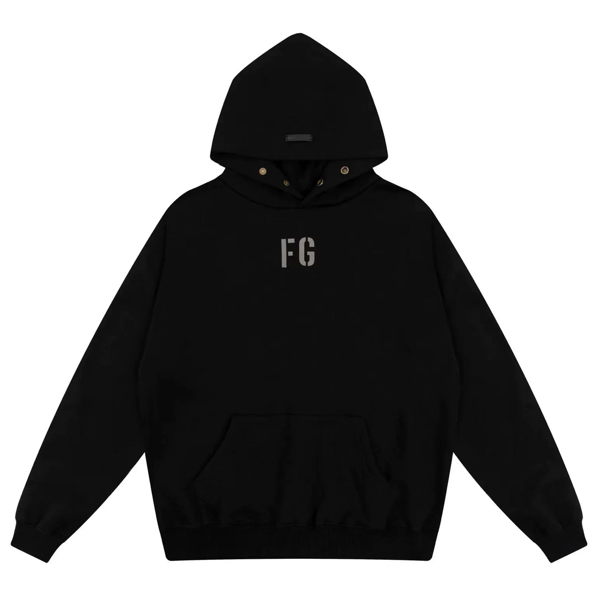 Fog Essentials Black Minimal FG Chest Logo Loose‑Fit Pullover Hoodie