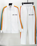 Palm Angels White Rainbow Stripe Track Suit 2Pcs Zip Up Jacket + Straight Sweatpants Unisex Outfit