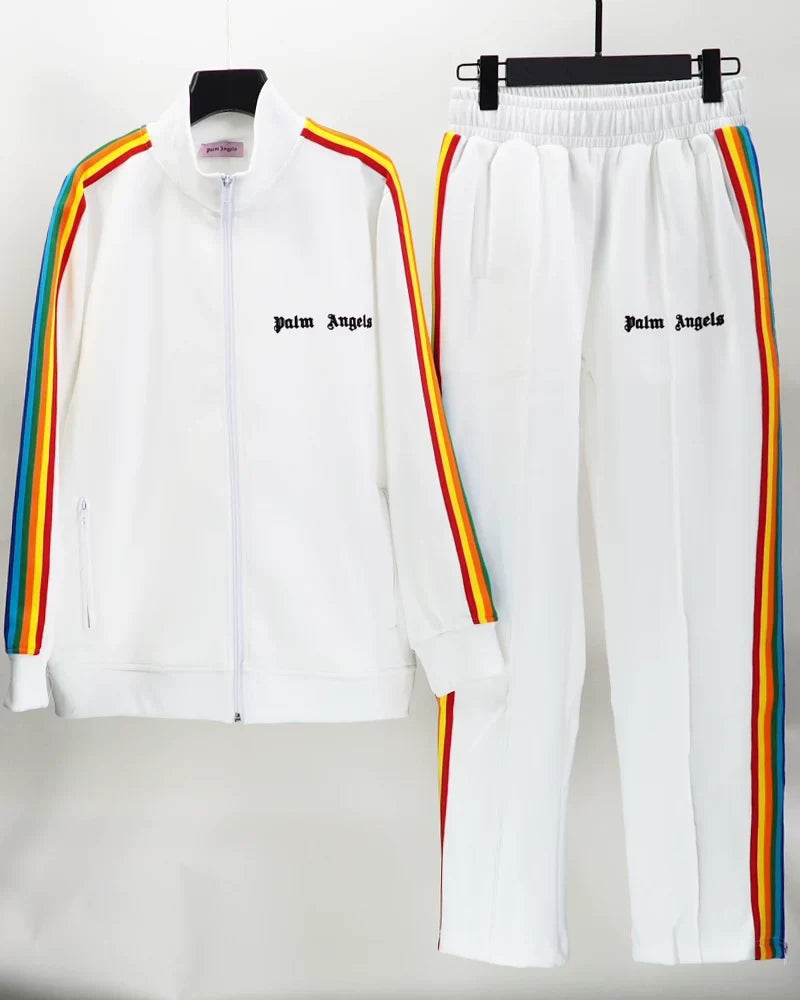 Palm Angels White Rainbow Stripe Track Suit 2Pcs Zip Up Jacket + Straight Sweatpants Unisex Outfit