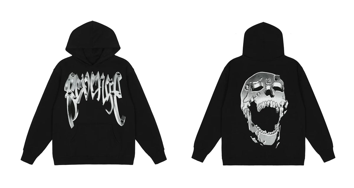 Revenge Metallic Silver 3D Effect Gothic Logo Screaming Skull Hoodie