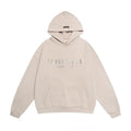 Fog Essentials Light Beige Faded‑Effect Front‑Print Hoodie, Drop‑Shoulder Minimal Street‑Wear Pullover