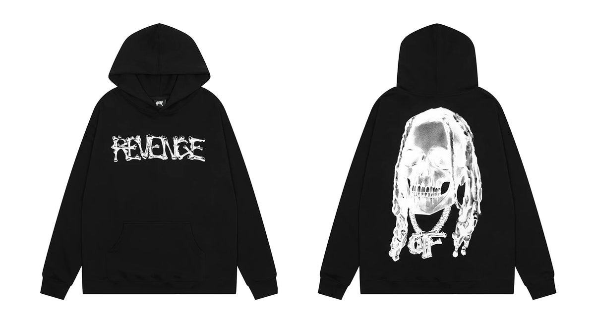 Revenge Distressed Font Dreadlock Skull Chain Hoodie