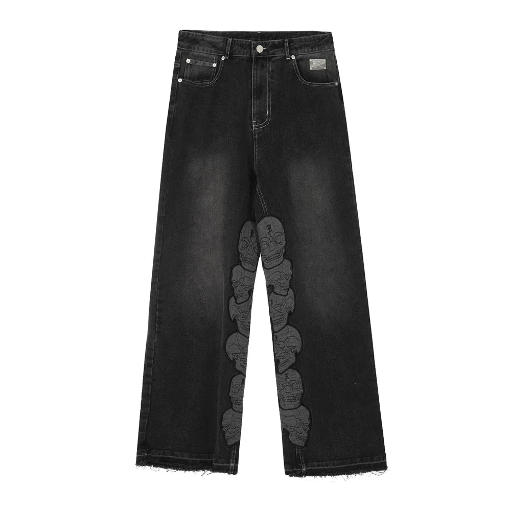 Revenge Stacked Skull Embroidered Wide‑Leg Black Washed Jeans