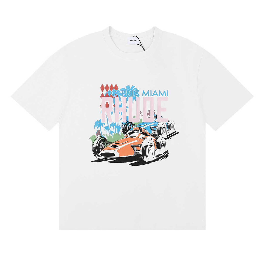 Rhude Grand Prix Miami Racing Car Graphic White Short Sleeve T‑Shirt