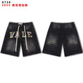 VALEFOREVER Black Faded Denim Shorts Embroidery Hotfix Rhinestone Logo