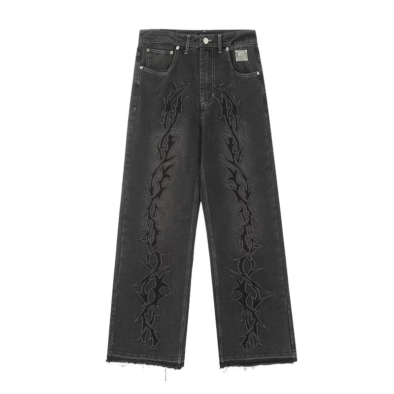 Revenge Tribal Thorn Embroidered Wide‑Leg Black Washed Jeans