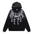 VALEFOREVER Black Chain Letter Distressed Zip Up Hoodie