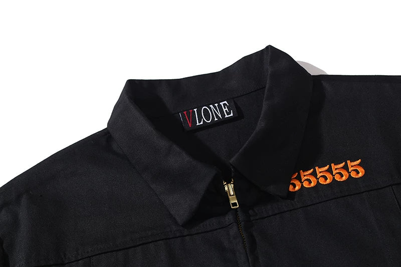 VLONE Embroidered Black Oversized Street‑wear Work Jacket