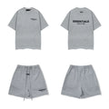 Fog Essentials Grey Printed T‑Shirt + Sweat Shorts Two‑Piece Casual Oversized Streetwear Set