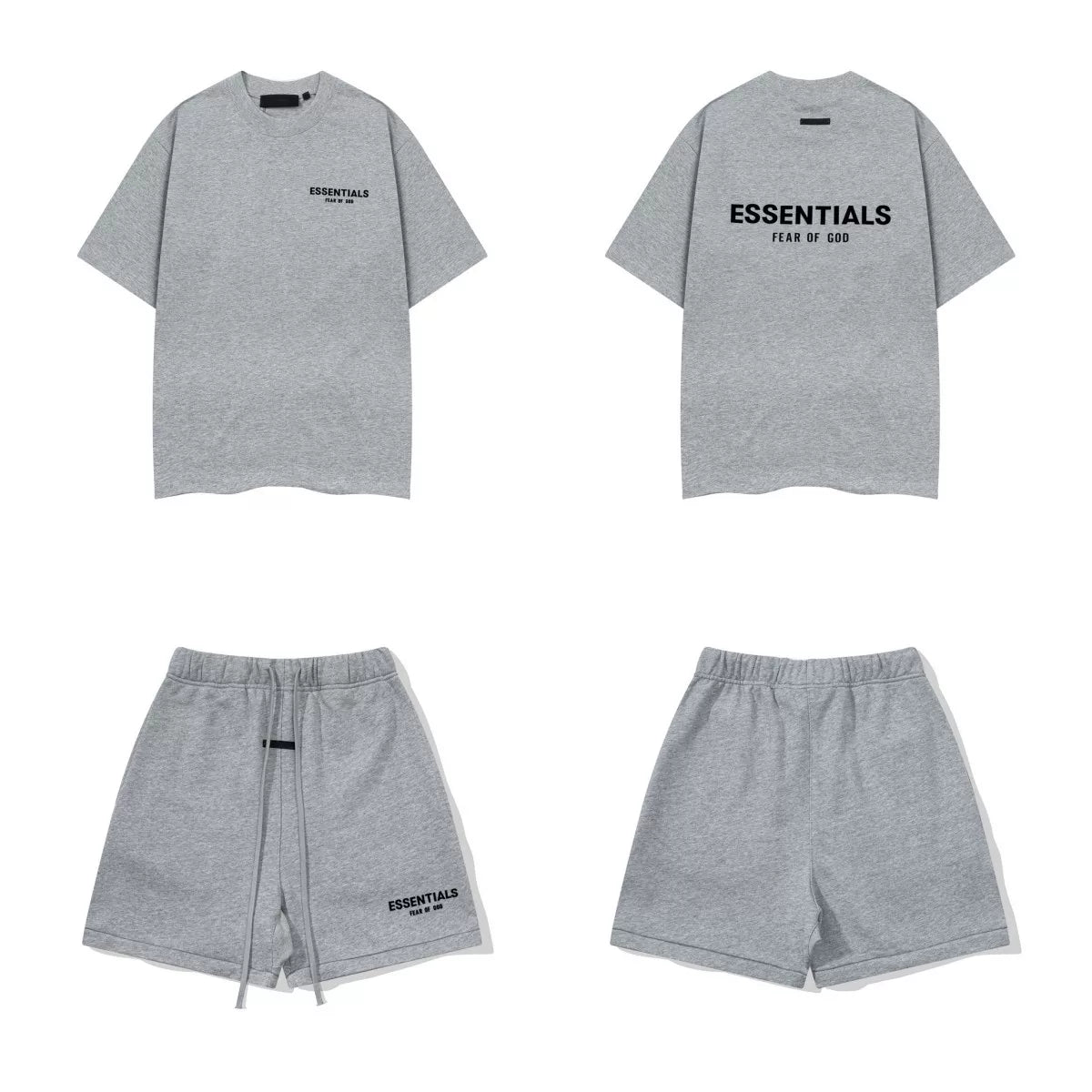 Fog Essentials Grey Printed T‑Shirt + Sweat Shorts Two‑Piece Casual Oversized Streetwear Set