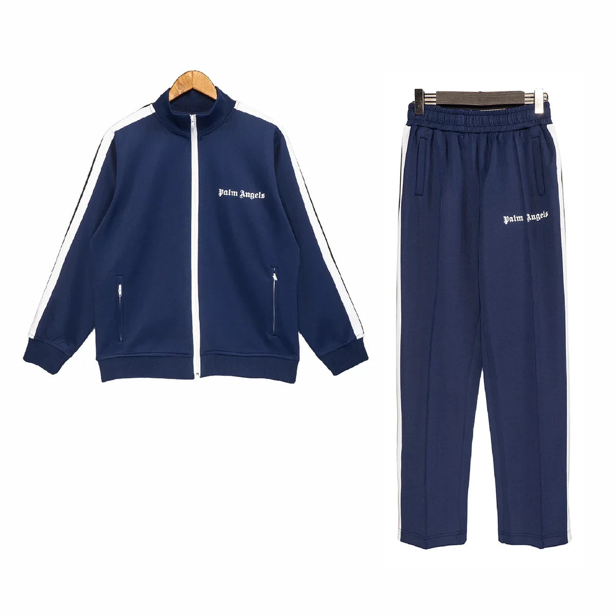 Palm Angels Navy Blue Track Suit 2 Piece Set Zip Jacket + Sweatpants Unisex Hip Hop Streetwear