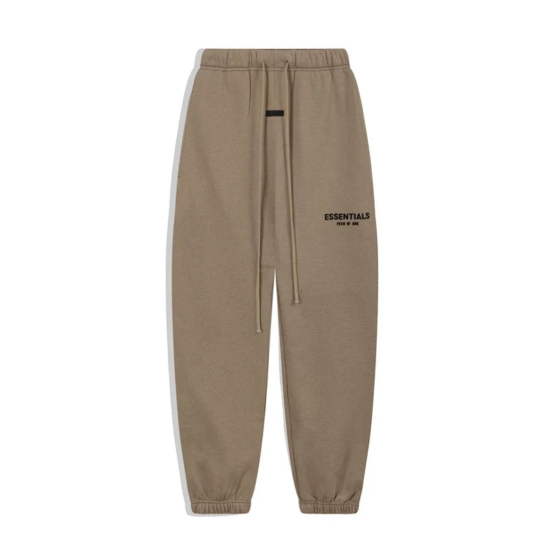 Fog Essentials Black‑Print Khaki Earth‑Tone Loose‑Fit Tapered Jogger Sweatpants