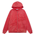 Valley Track Embossed Zip‑Up Hoodie, Unisex Red Vintage Streetwear Jacket