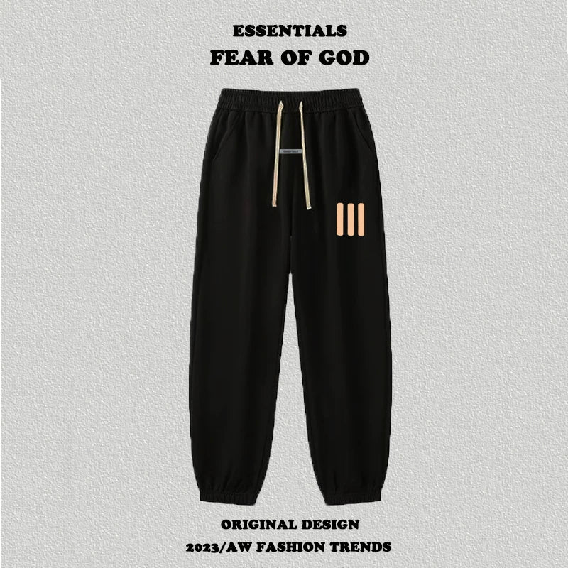Fog Essentials Black Jogger Pants Beige Side Strip Graphic Casual Sweatpants