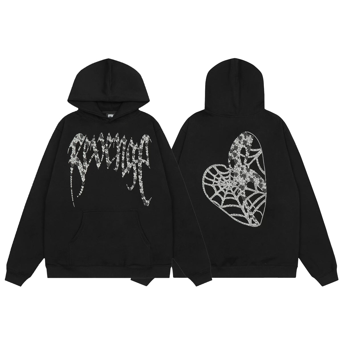 Revenge Silver Rhinestone Spider‑Web Heart Graphic Hoodie