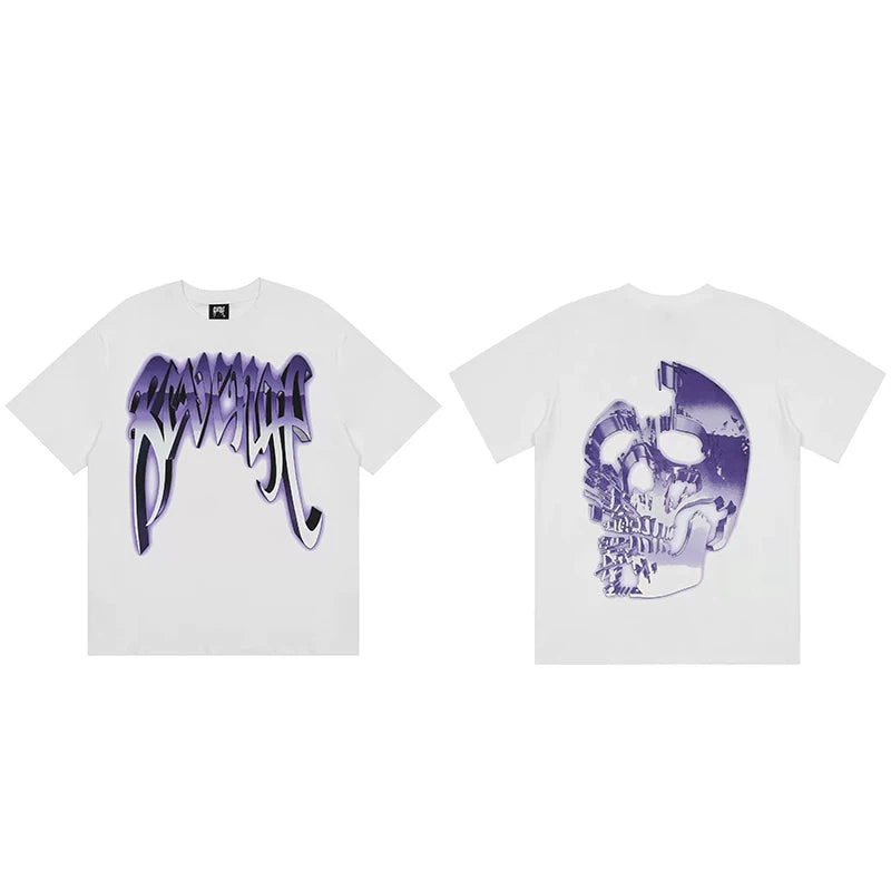 Revenge Purple 3D Chrome Shattered Skull Graphic T‑Shirt