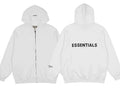 Fog Essentials White Oversized Full‑Zip Hoodie Bold Black Back “ESSENTIALS” Print