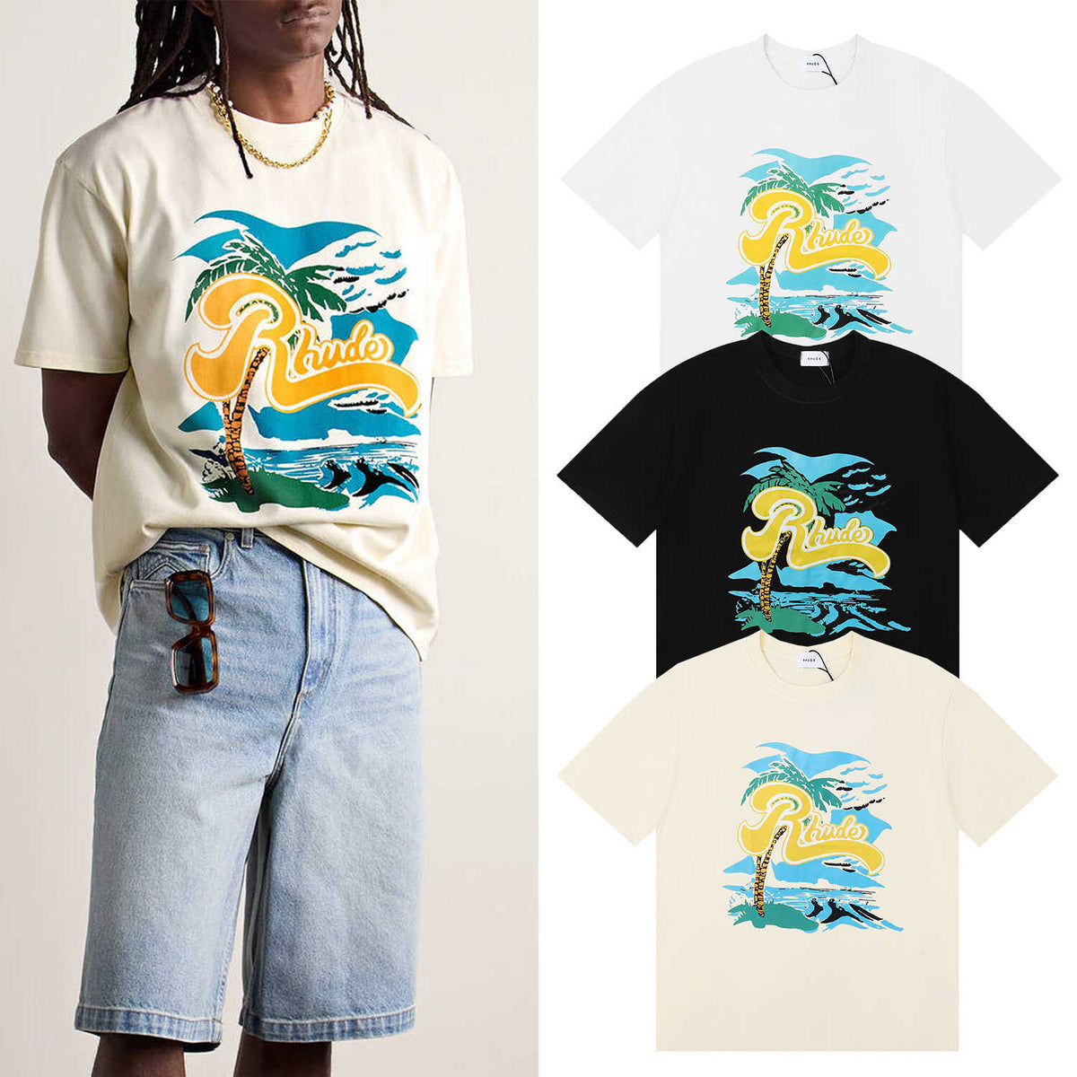 Rhude Tropical Palm Beach Script Logo Graphic Short Sleeve T-Shirt