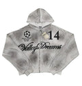 Valley Dreams No.14 Vintage Washed Cropped Zip‑Up Hoodie, Unisex Grey Streetwear Jacket