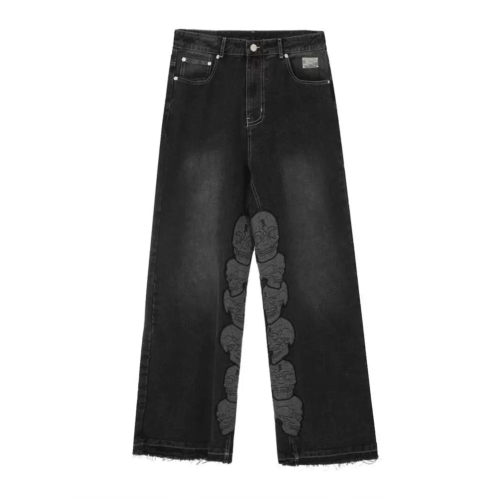 Revenge Stacked Skull Embroidered Wide‑Leg Black Washed Jeans